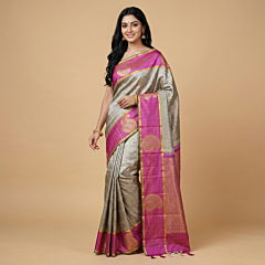 Handloom Madanapalle Silk Saree | Beige & Pink