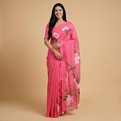 Hand-Painted Floral Pink Organza Saree