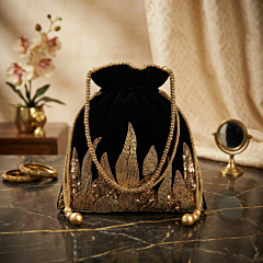 Hand-Embroidered Zari Potli Bag | Black