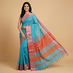 Handloom Maheshwari Cotton Silk Saree | Blue & Red