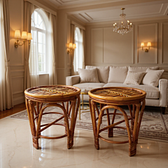 Cane & Bamboo Mudha Side Stool/Balcony Stool (Set of 2)