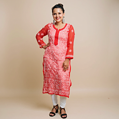 Red Georgette Chikankari Kurti | XL