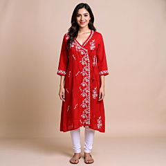 Red Angrakha Chikankari Kurti