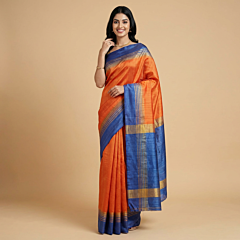 Handloom Dual Dye Tussar Ghicha Silk Saree with Blouse | Orange & Blue