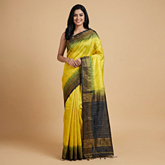 Handloom Dual Dye Tussar Ghicha Silk Saree with Blouse | Yellow & Black