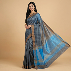 Handloom Dual Dye Tussar Ghicha Silk Saree with Blouse | Grey & Blue