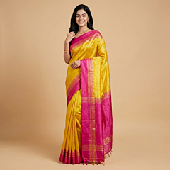 Handloom Dual Dye Tussar Ghicha Silk Saree with Blouse | Yellow & Magenta