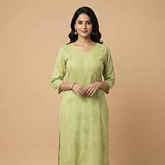 Hand-Embroidered Pista Green Long Kurti | XL