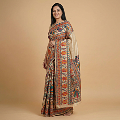 Handcrafted Madhubani Painting Tasar Silk Saree|Multicolour