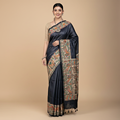 Hand-Painted Madhubani Tussar Ghicha Silk Saree | Black