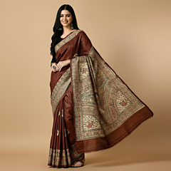 Hand-Painted Madhubani Tussar Ghicha Silk Saree | Brown