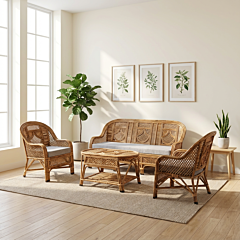 Cane Bamboo Sofa Set with Table (Brown)