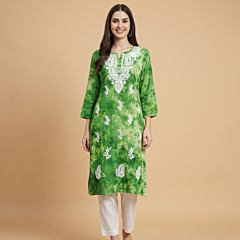 Hand- Embroidered Pure Cotton Green Long Kurti | Size: M