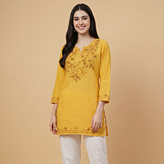 Hand- Embroidered Pure Cotton Yellow Short Kurti | Size: L