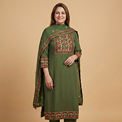 Hand-Embroidered Phulkari Unstitched Suit with Dupatta | Green
