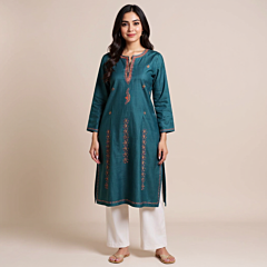 Cotton Kurta with Paper Machine Sozni Work - Green