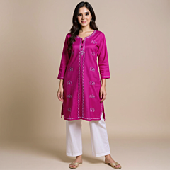 Cotton Kurta with Paper Machine Sozni Work - Dark Pink