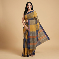 Handloom Checkered Gamcha Saree with Blouse | Blue & Cream