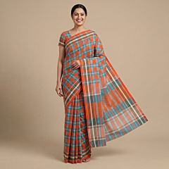 Handloom Checkered Gamcha Saree with Blouse | Orange & Blue