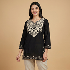 Hand-Embroidered Cotton Black Short Kurti | Small