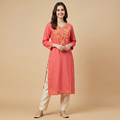Hand-Embroidered Cotton Pink Long Kurti | Small