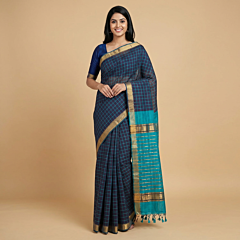 Handloom Mangalagiri Cotton Blue Checkered Saree