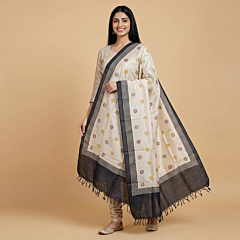 Handwoven Tussar Silk Dupatta | Beige & Black