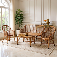 Dastkar Crafts 3 Seater + 2 Single chair Cane Sofa Set with Table (Standard Size, Brown)