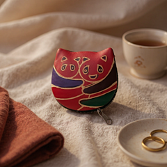 Genuine leather Small Coin Purse Panda Pair Design