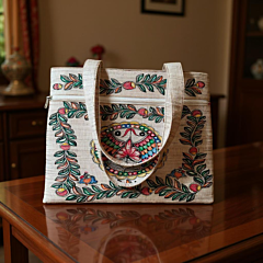 Jute Bag - Hand-Painted Eco-Friendly Tote Featuring Traditional Vibrant Art of Nature and Mythology