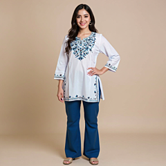 Women Embroidered Pure Cotton white short Kurta  