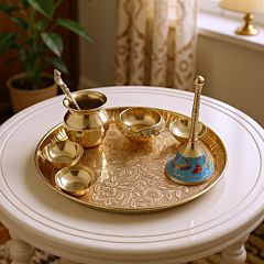  Pital Puja Thali Aarti Bartan Plate Set of 8 Piece for Mandir Pooja Room Home Temple 9 Inch Round Golden