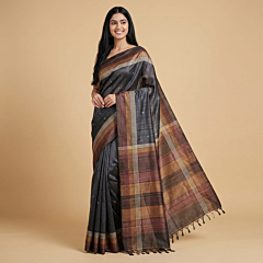 Handloom Tussar Silk Handblock Print Saree | Black
