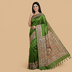 Hand-Painted Madhubani Tussar Ghicha Silk Saree | Green