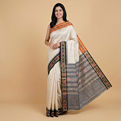 Handwoven Sambalpuri Ikat Border Tussar Silk Saree | Beige & Black