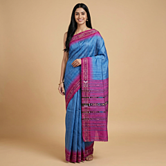 Handwoven Sambalpuri Ikat Border Tussar Silk Saree | Blue & Pink
