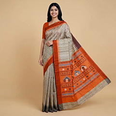 Handwoven Sambalpuri Ikat Border Tussar Silk Saree | Beige & Orange