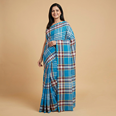 Handloom Checkered Gamcha Saree with Blouse | Sky Blue