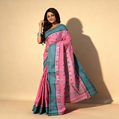 Handwoven Cotton Saree I Pink and Teal