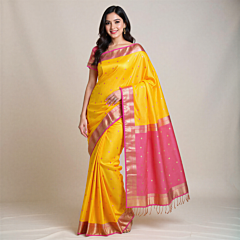 Maheshwari Silk-Cotton Yellow & Pink Saree with Golden Zari