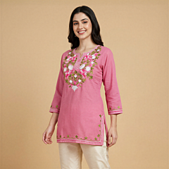Hand-Embroidered Cotton Pink Short Kurti | Large