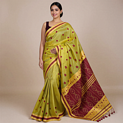 Luxurious Raw Mulberry Silk Saree in Yellow-Green