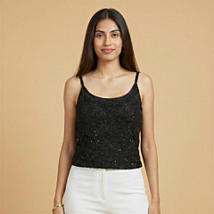 Handcrafted Black Beaded Zari Spaghetti Top | M