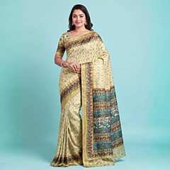 Hand Block Printed Gond Art Saree on Handloom Tussar Silk Fabric 