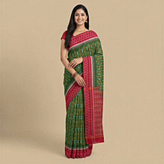 Handwoven Sambalpuri Single Ikat Cotton Saree | Olive-Maroon
