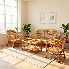 Bamboo Cane Lehar Sofa Set with Table | Brown