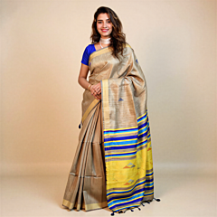 Handmade Pure Tussar Silk Saree with Striped Pallu