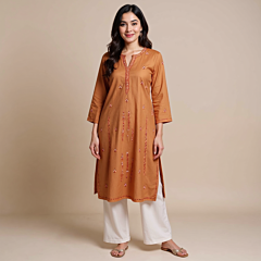 Cotton Kurta with Paper Machine Sozni Work - Brown