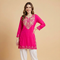 Hand-Embroidered Cotton Neon Pink Short Kurti | Small