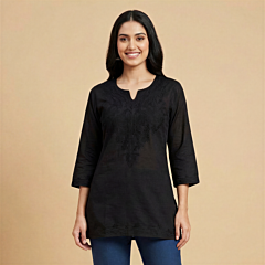 Hand-Embroidered Cotton Black Short Kurti | Small